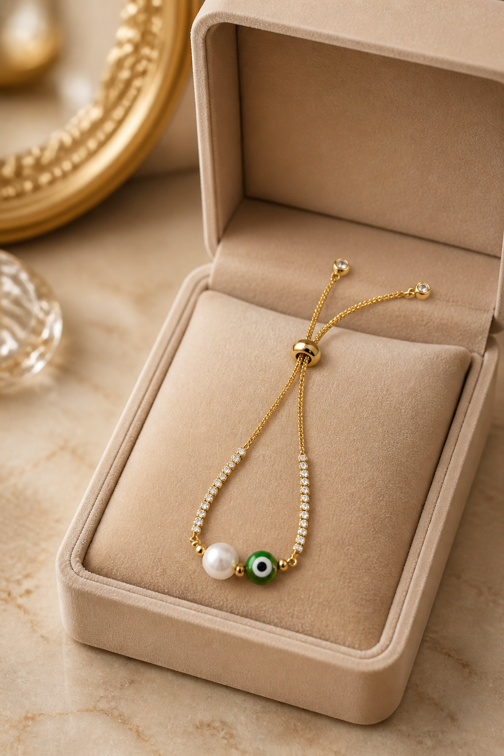 Pulsera de cadena con perla natural y ojo turco