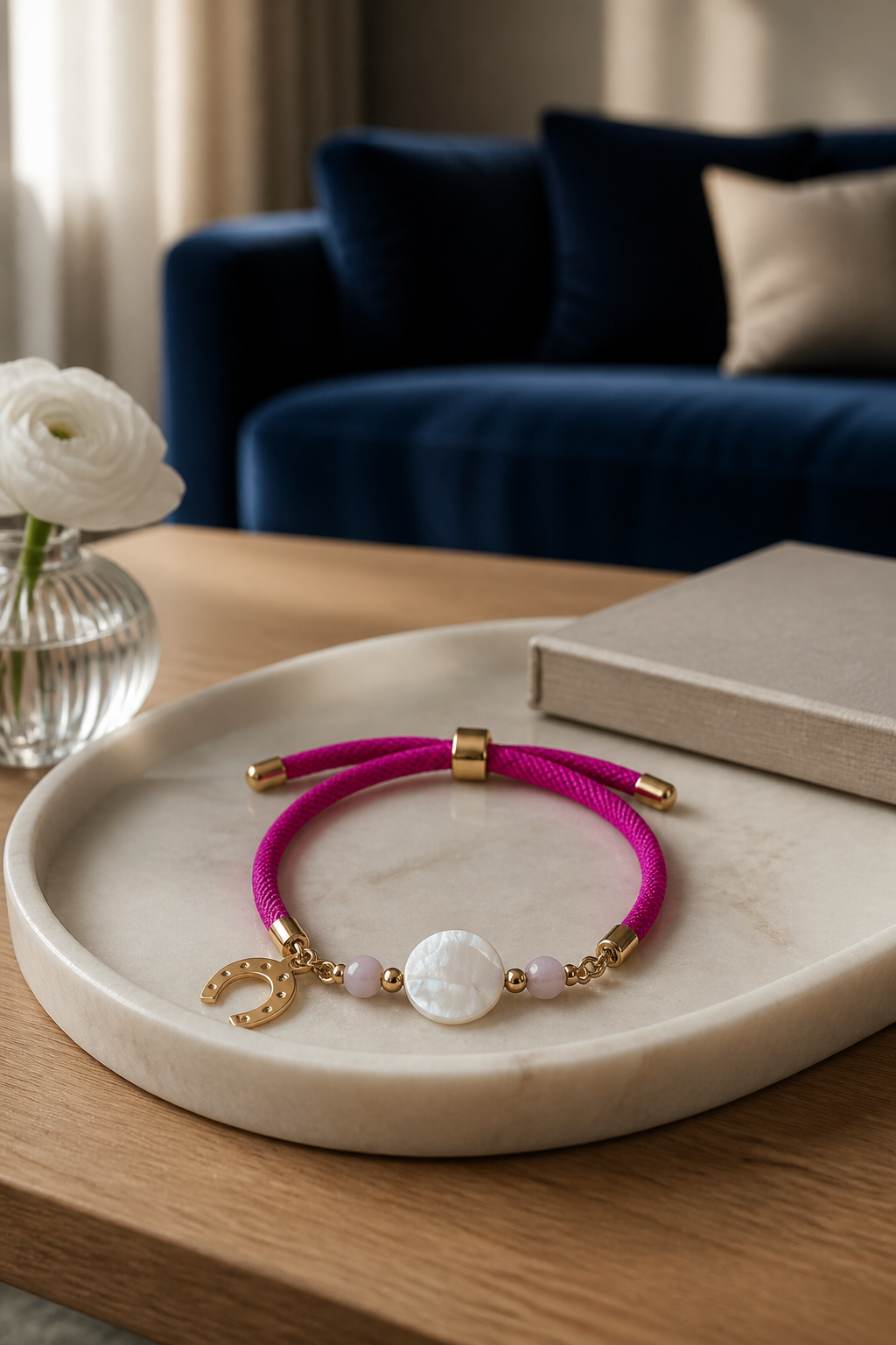 Pulsera de cordón fuchsia con dije de concha