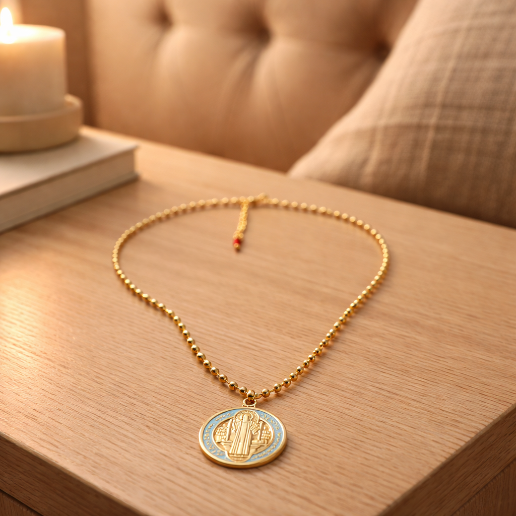 A Cadena estilo militar con baño de oro 18k y dije de San Benito