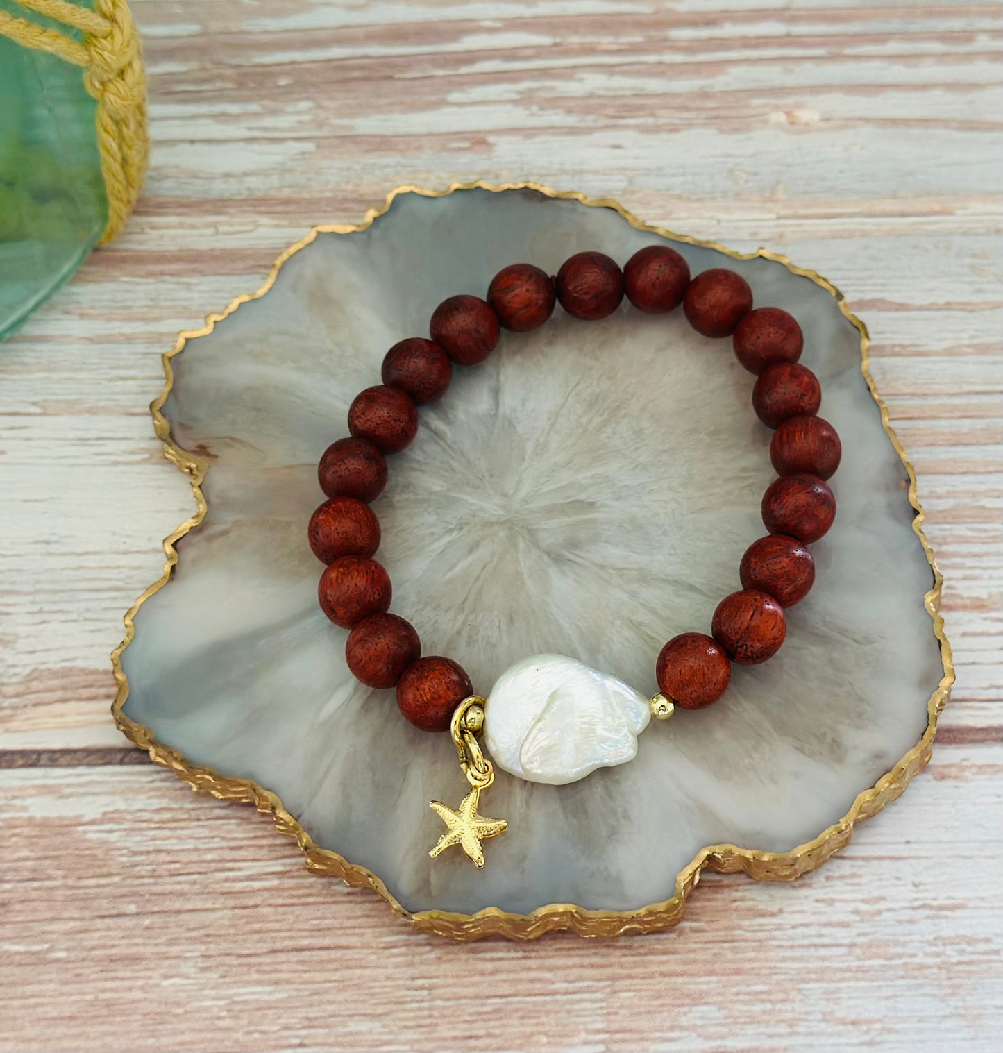 Pulseras de Madera con Perla natural/Dije de Estrella ⭐️