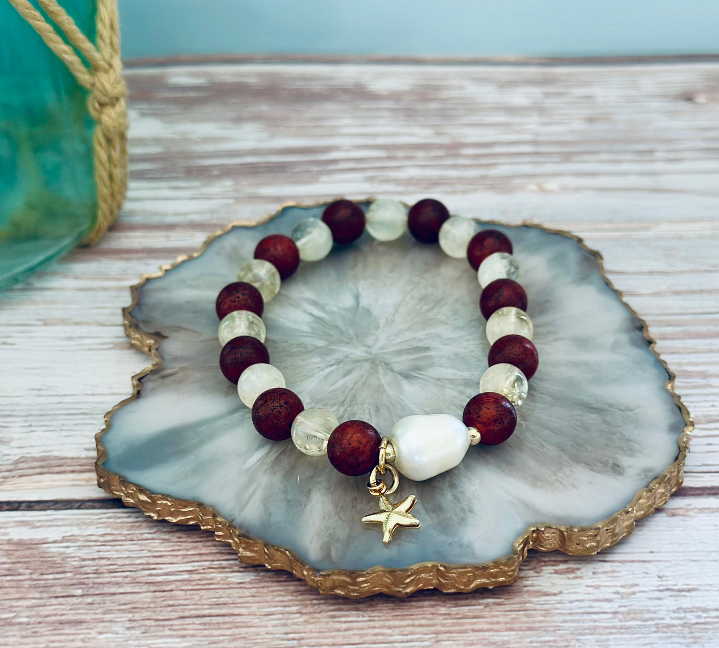 Pulseras de Madera con Perla natural/Dije de Estrella ⭐️