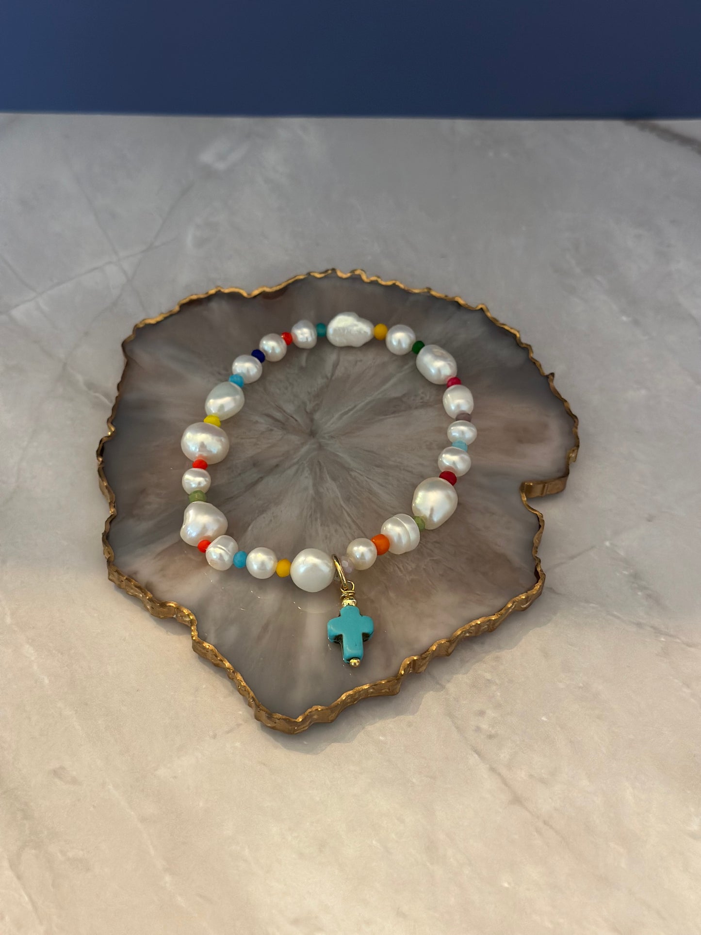 Pulseras de Perlas naturales con Cruz azul o Verde