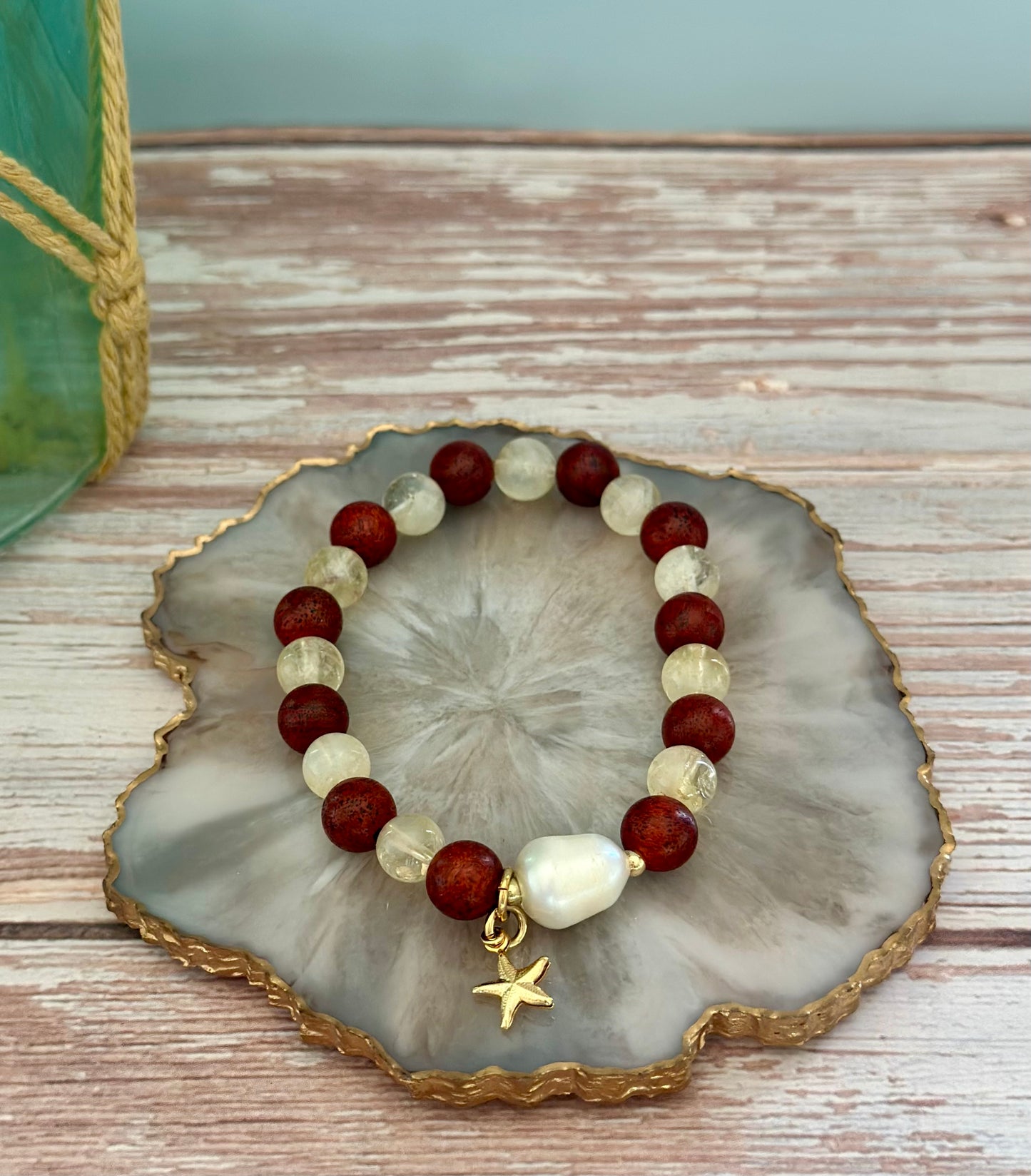 Pulseras de Madera con Perla natural/Dije de Estrella ⭐️