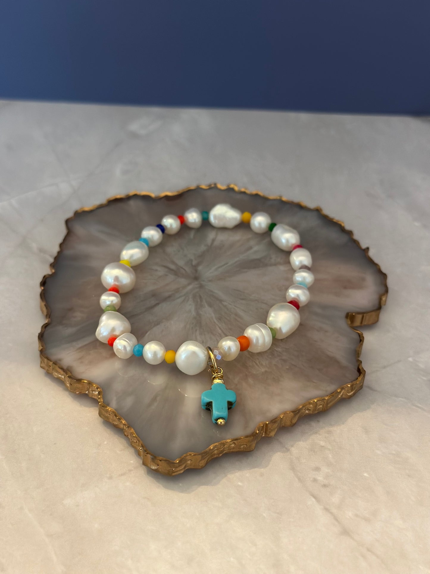 Pulseras de Perlas naturales con Cruz azul o Verde