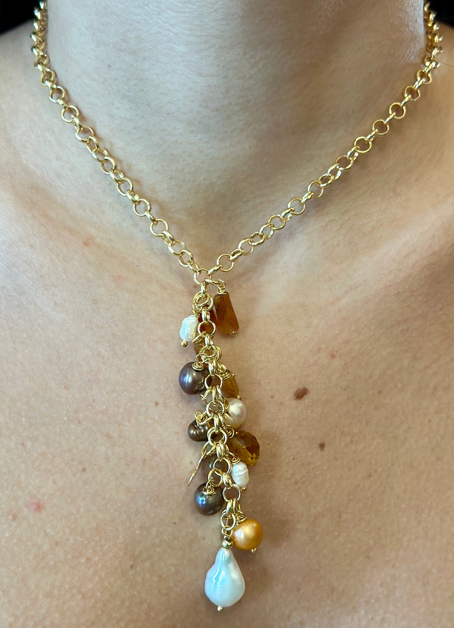 X- Collar de cadena dorada con Perlas y Citrino
