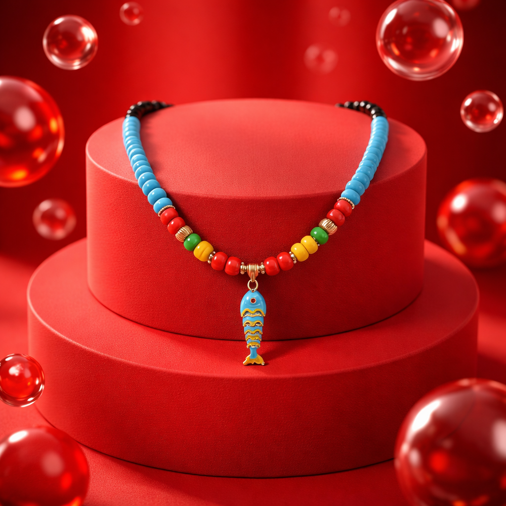 A Collar de Cuentas de Vidrio Celeste y Negro con dije de Pez