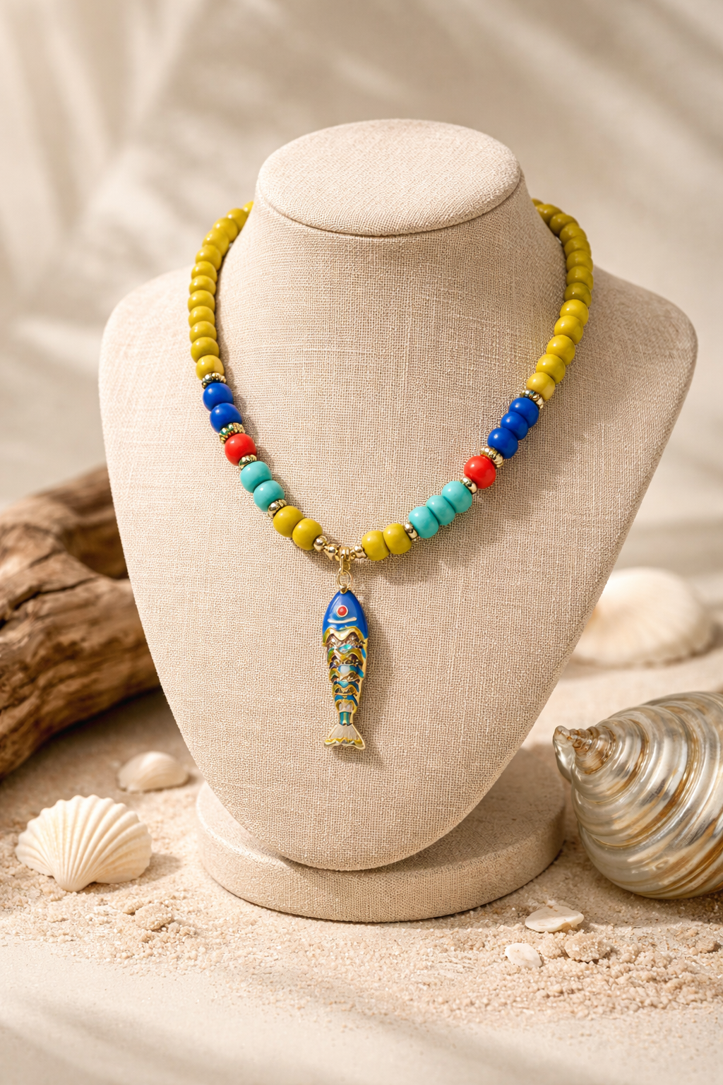 A Collar de Cuentas de Vidrio amarillo con dije de Pez