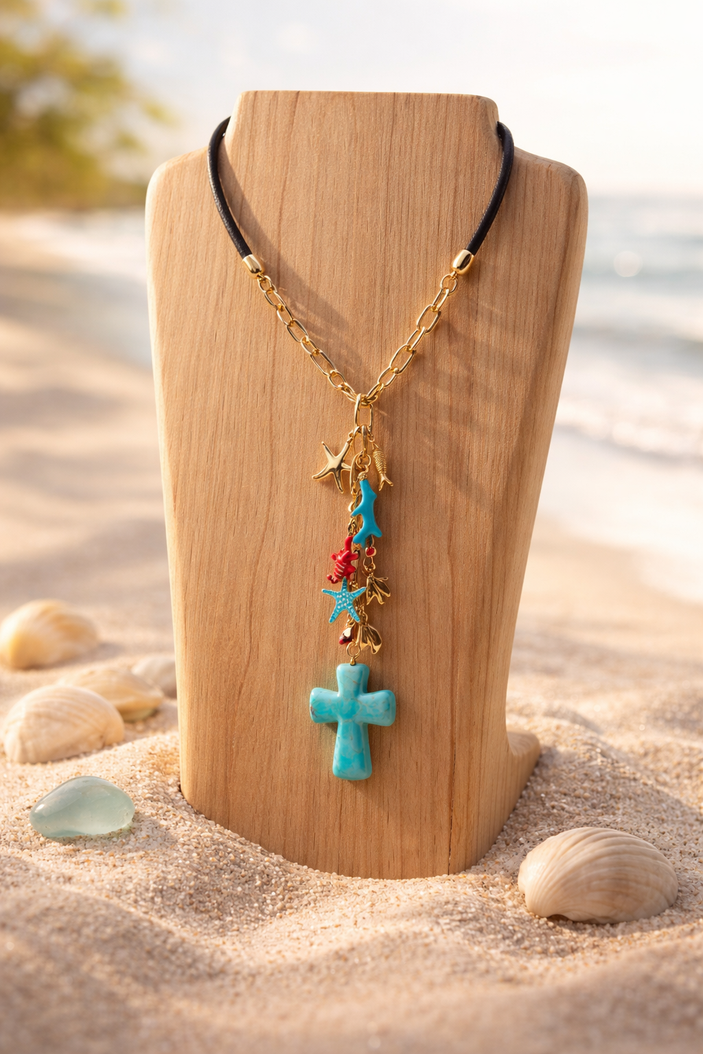 A Collar de Cuero y Cadena con dijes hermosos y Cruz Turquesa