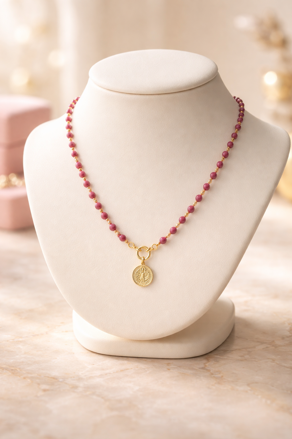 Collar con piedras Ágatas y medalla de San Benito