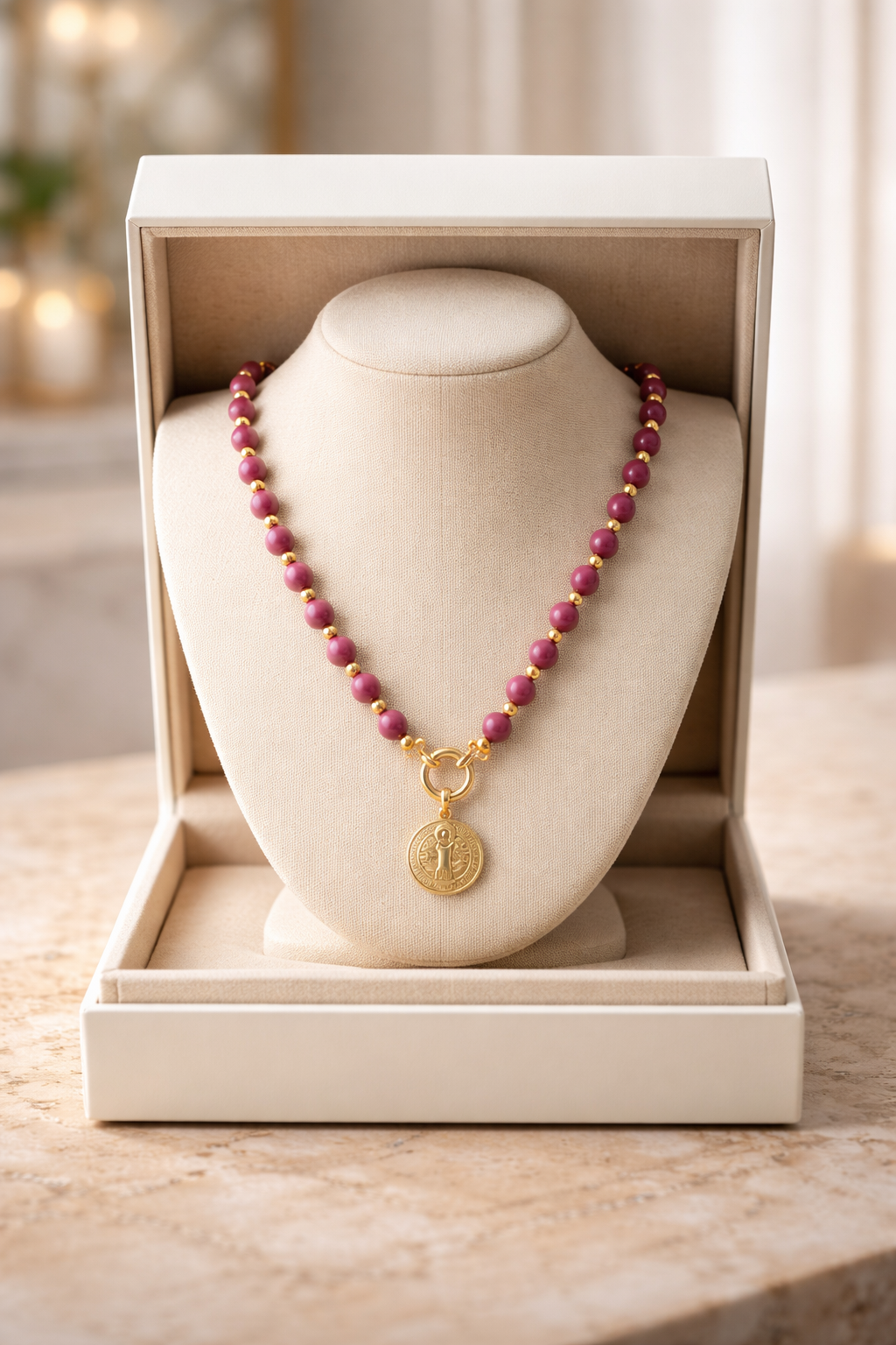 Collar con piedras Ágatas y medalla de San Benito