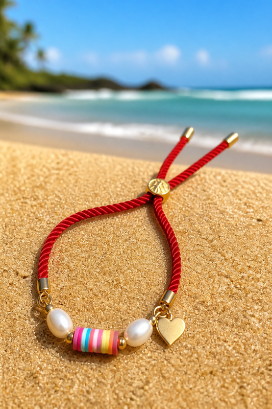 Pulseras en cordón rojo con perlas naturales