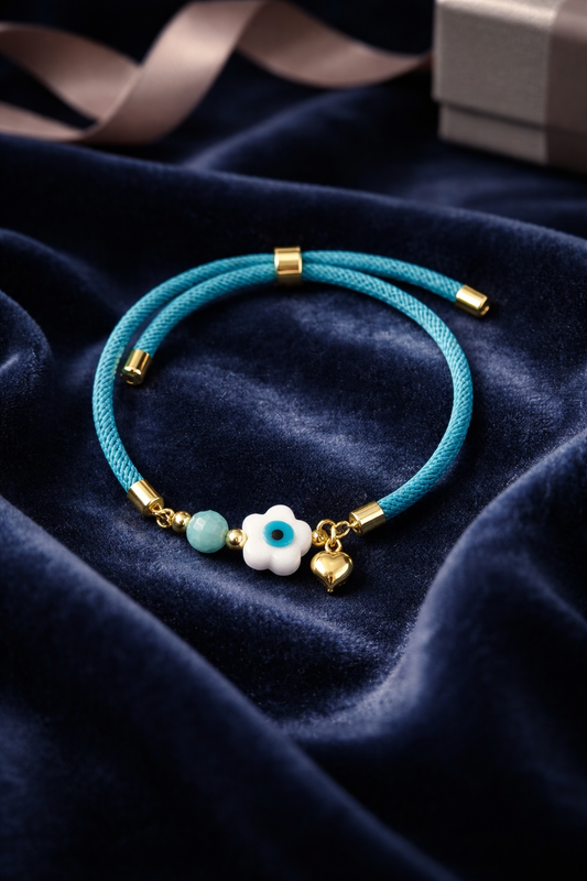 A Pulsera en cordón celeste con dije de Ojo Turco 🧿