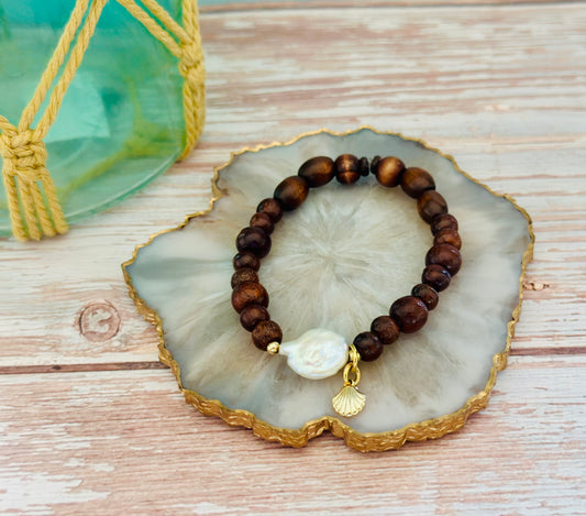 Pulseras de madera con Perla natural/Dije de Concha