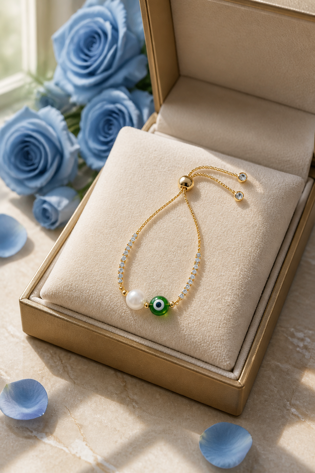 Pulsera de cadena con perla natural y ojo turco