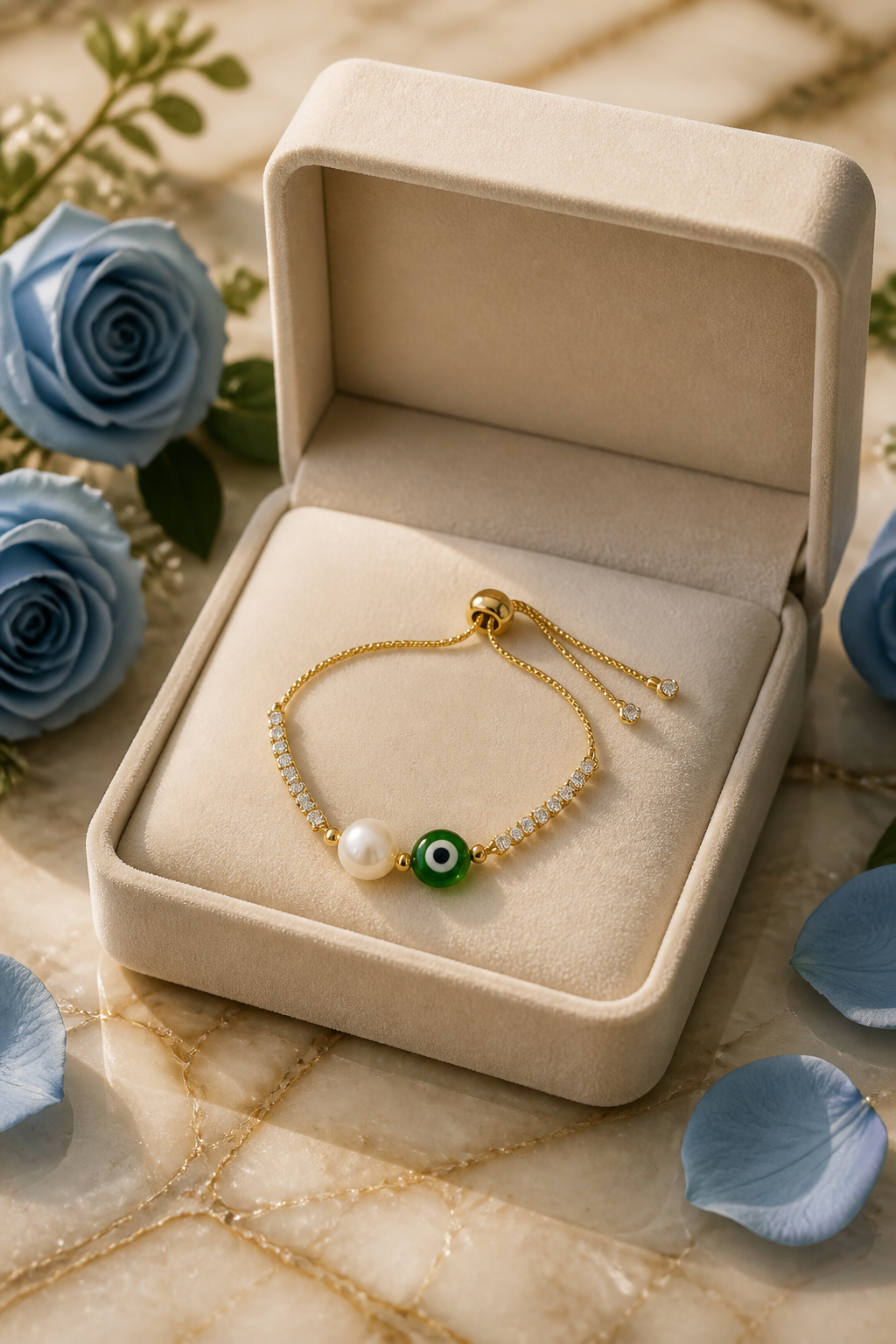 Pulsera de cadena con perla natural y ojo turco