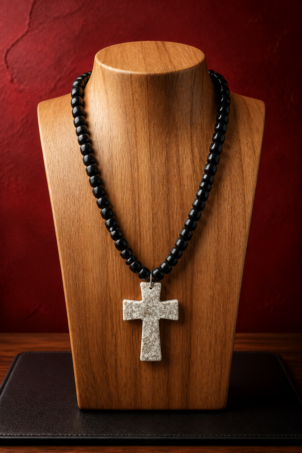 A Collar de cuentas de vidrio negro con Cruz de piedra natural