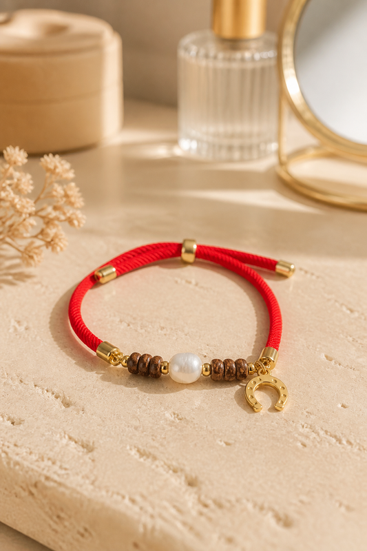 A Pulsera en cordón rojo con Perla natural y dije 🧲