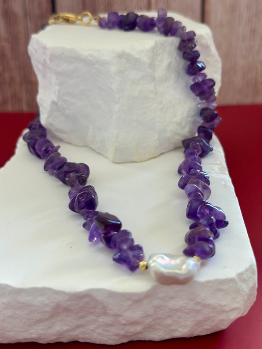 Collar en piedra Amatista con Perla natural