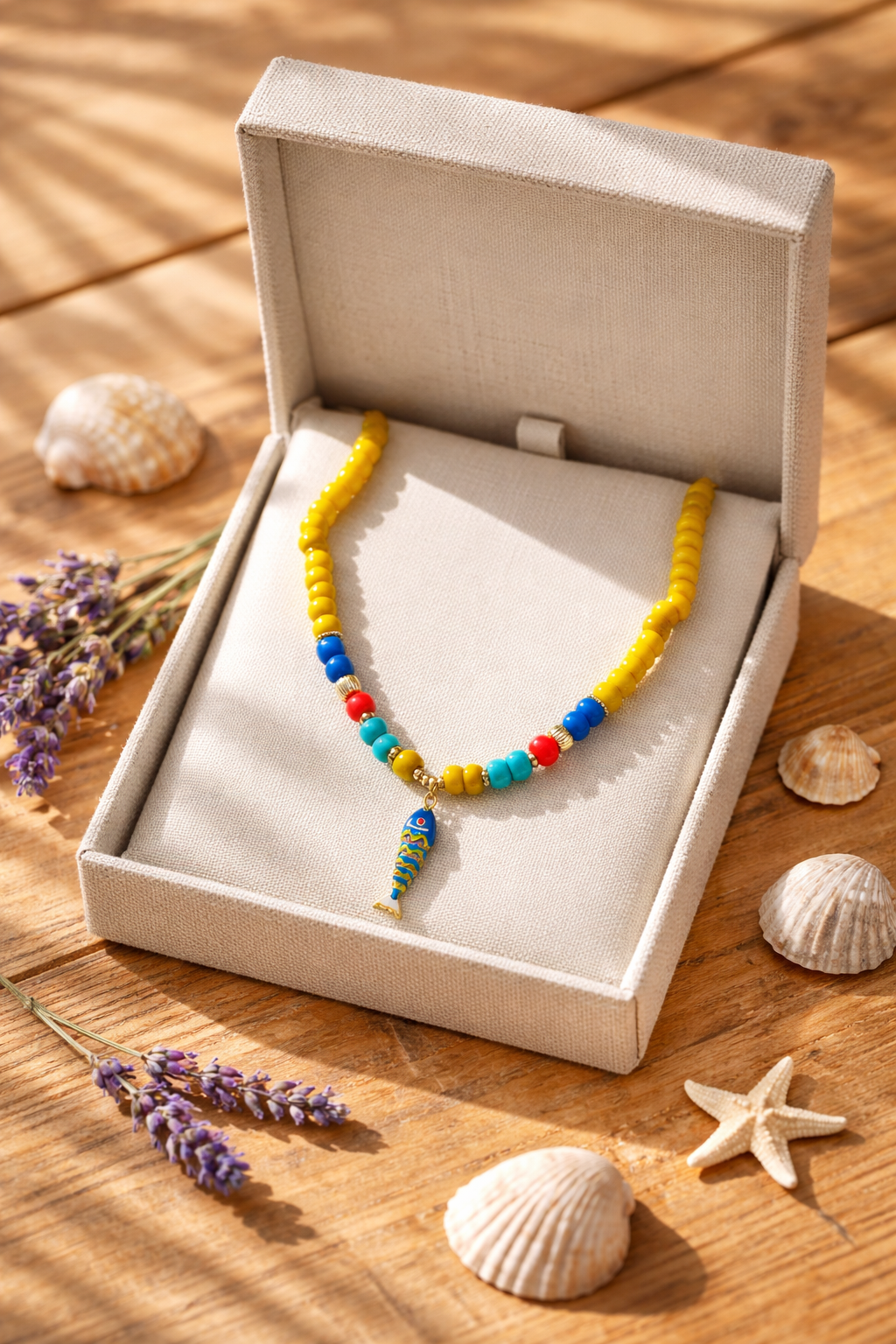 A Collar de Cuentas de Vidrio amarillo con dije de Pez