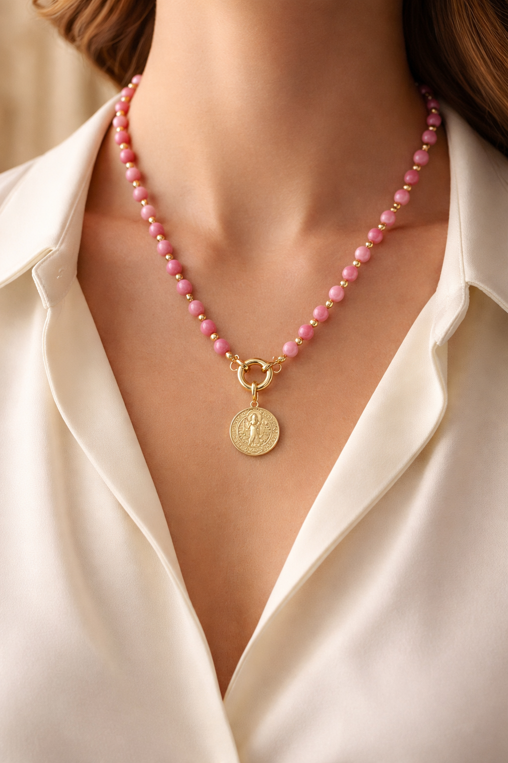 Collar con piedras Ágatas y medalla de San Benito