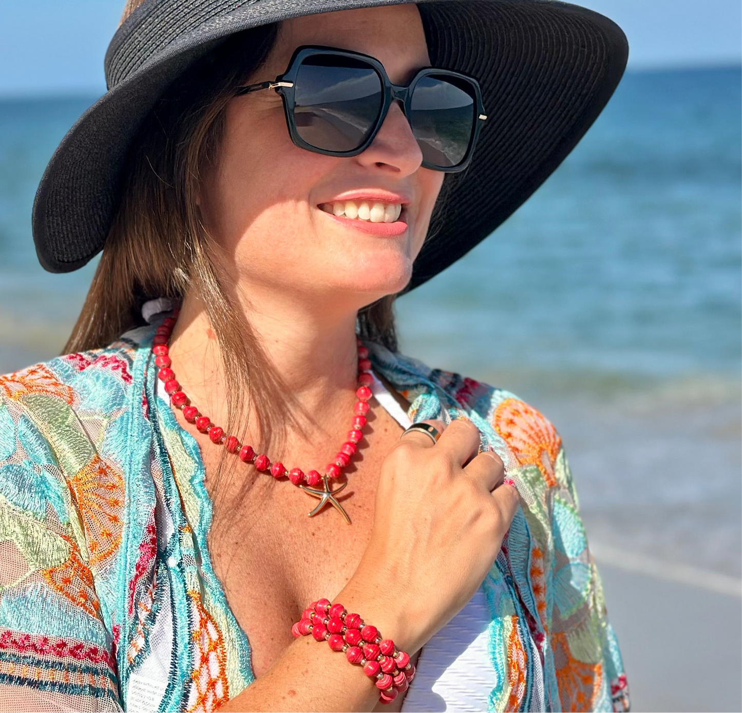 A Collar y Pulseras de Filigrana color Coral