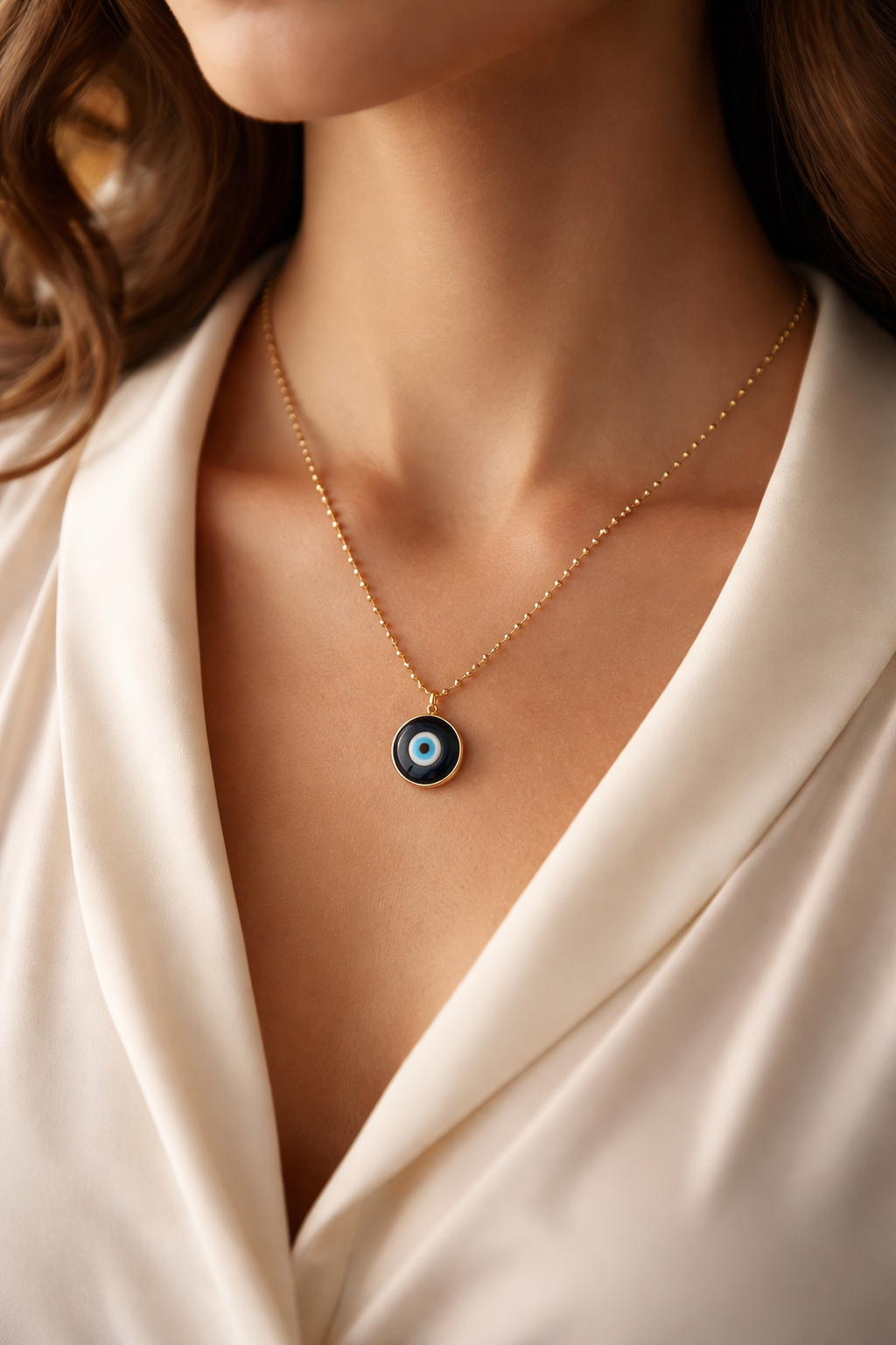 A Cadena estilo militar con baño de oro 18k y dije de Ojo Turco 🧿 (Murano)