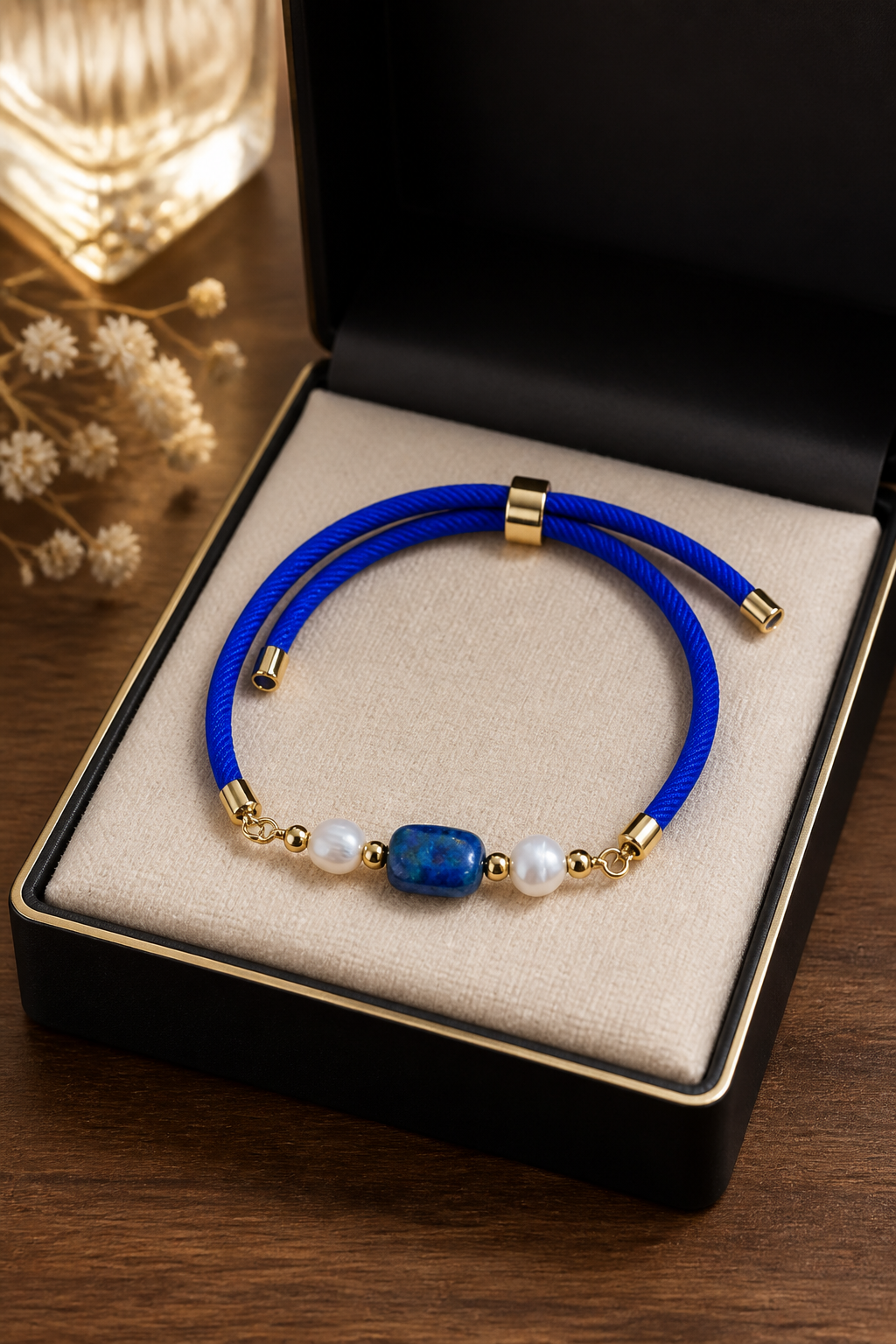 Pulsera de cordón azul con Perlas naturales y Lapislázuli