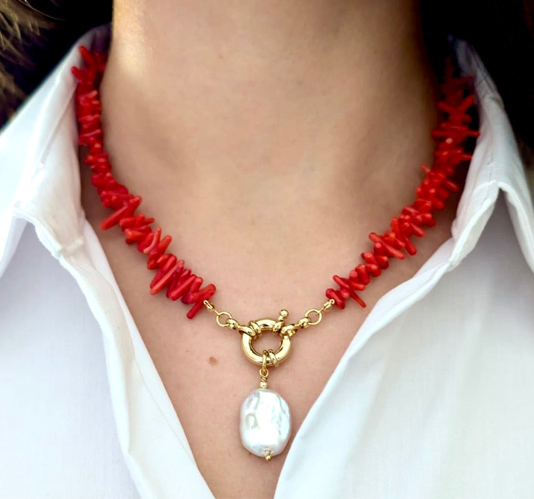 Collar de coral rojo y perla natural