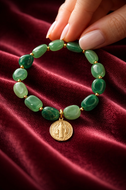 A Pulsera de piedras Jade con medalla de San Benito
