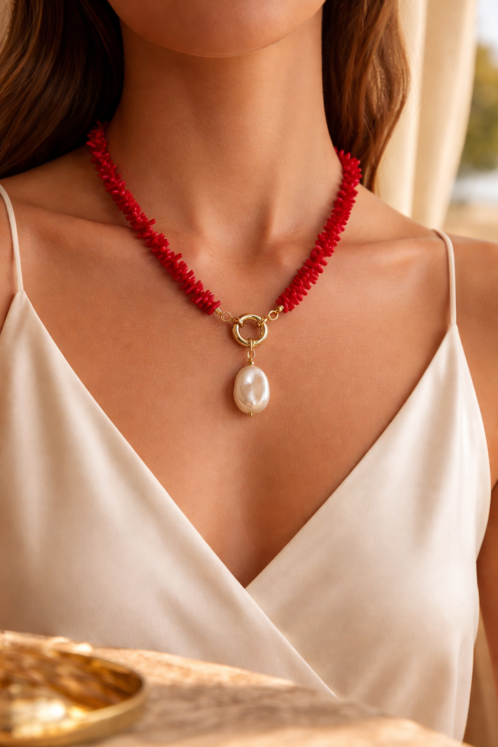 A Collar de coral rojo y perla natural