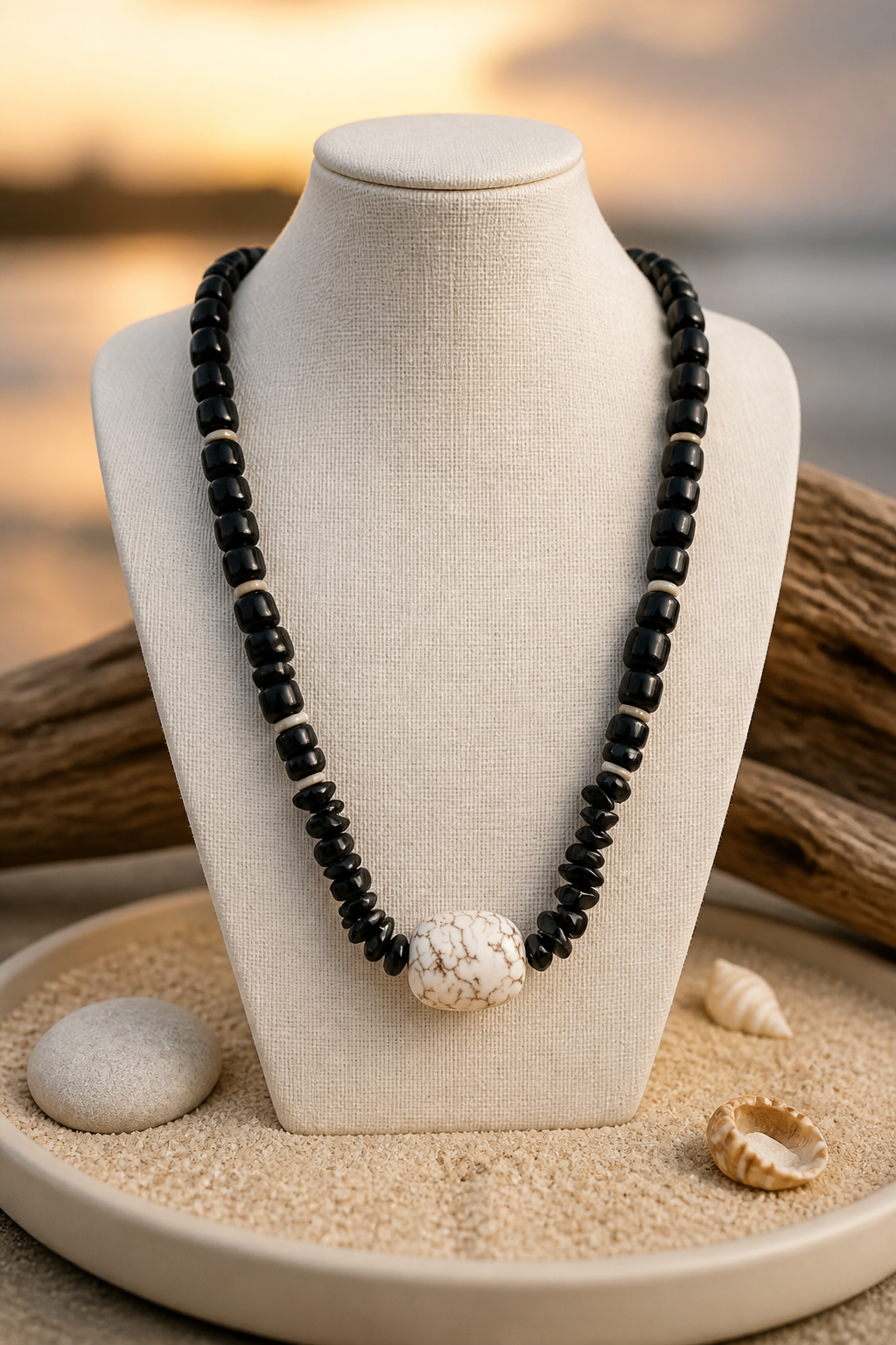 A Collar de cuentas de vidrio negro y piedra natural