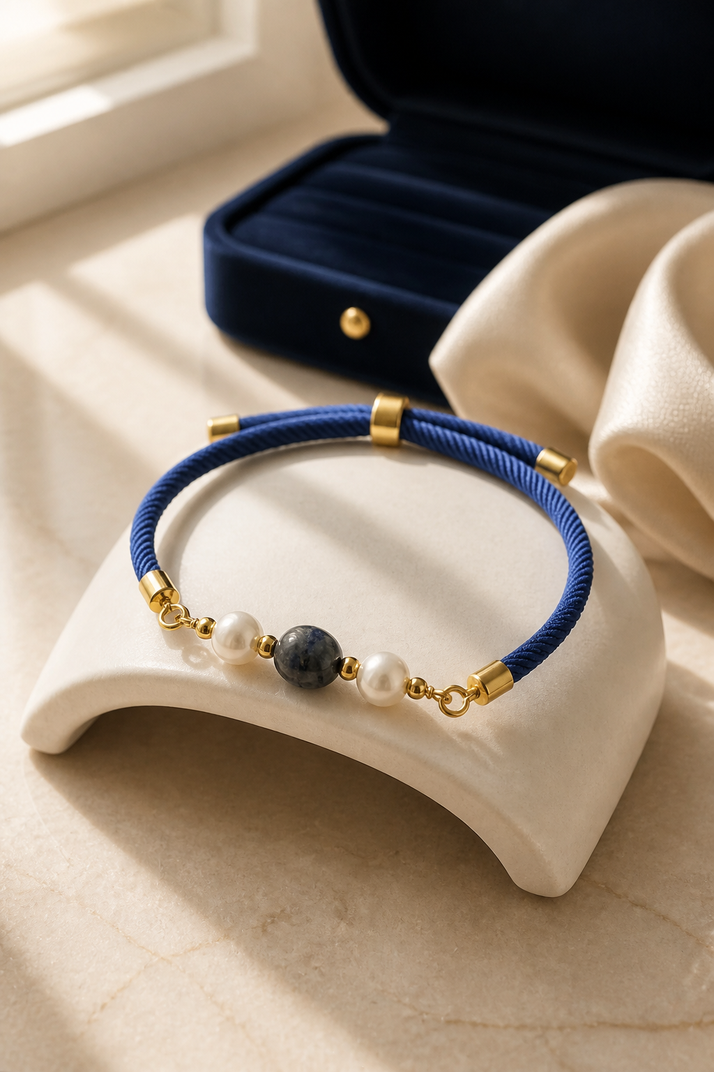 Pulsera de cordón azul con Perlas naturales y Lapislázuli