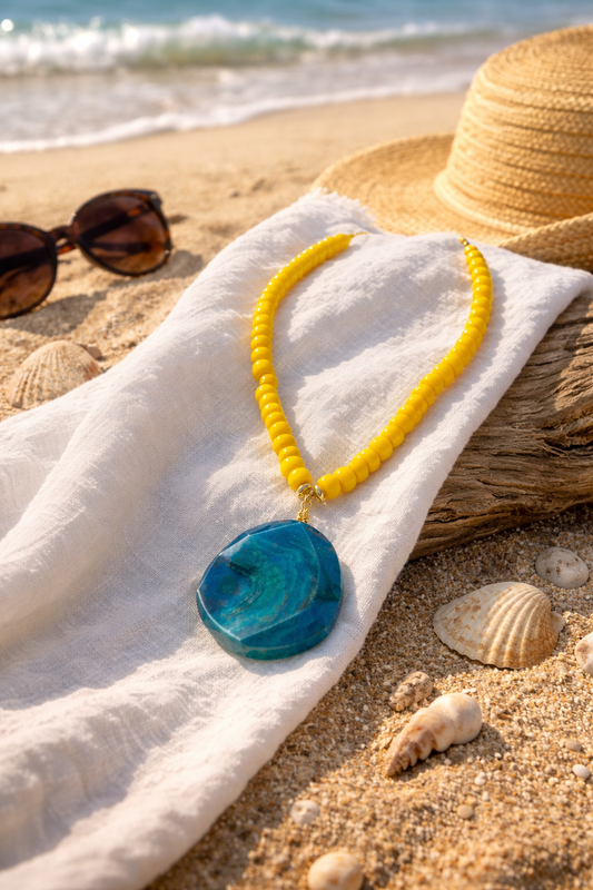 A Collar de Cuentas de Vidrio amarillo y Piedra natural