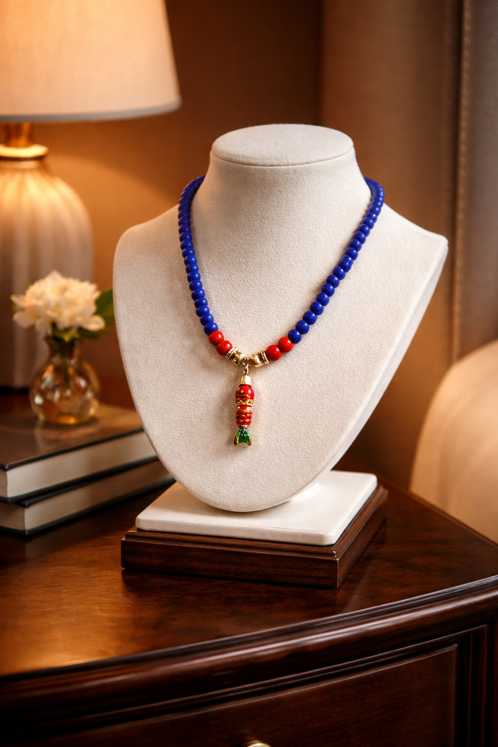 A Collar de Cuentas de Vidrio azul rey con dije de Pez