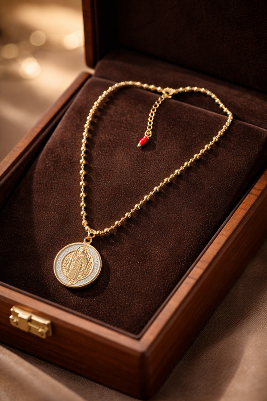 A Cadena estilo militar con baño de oro 18k y dije de San Benito