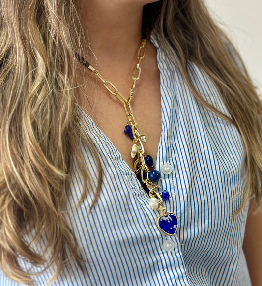 X Collar de Cuero y Cadena / Dije Corazón Azul 💙