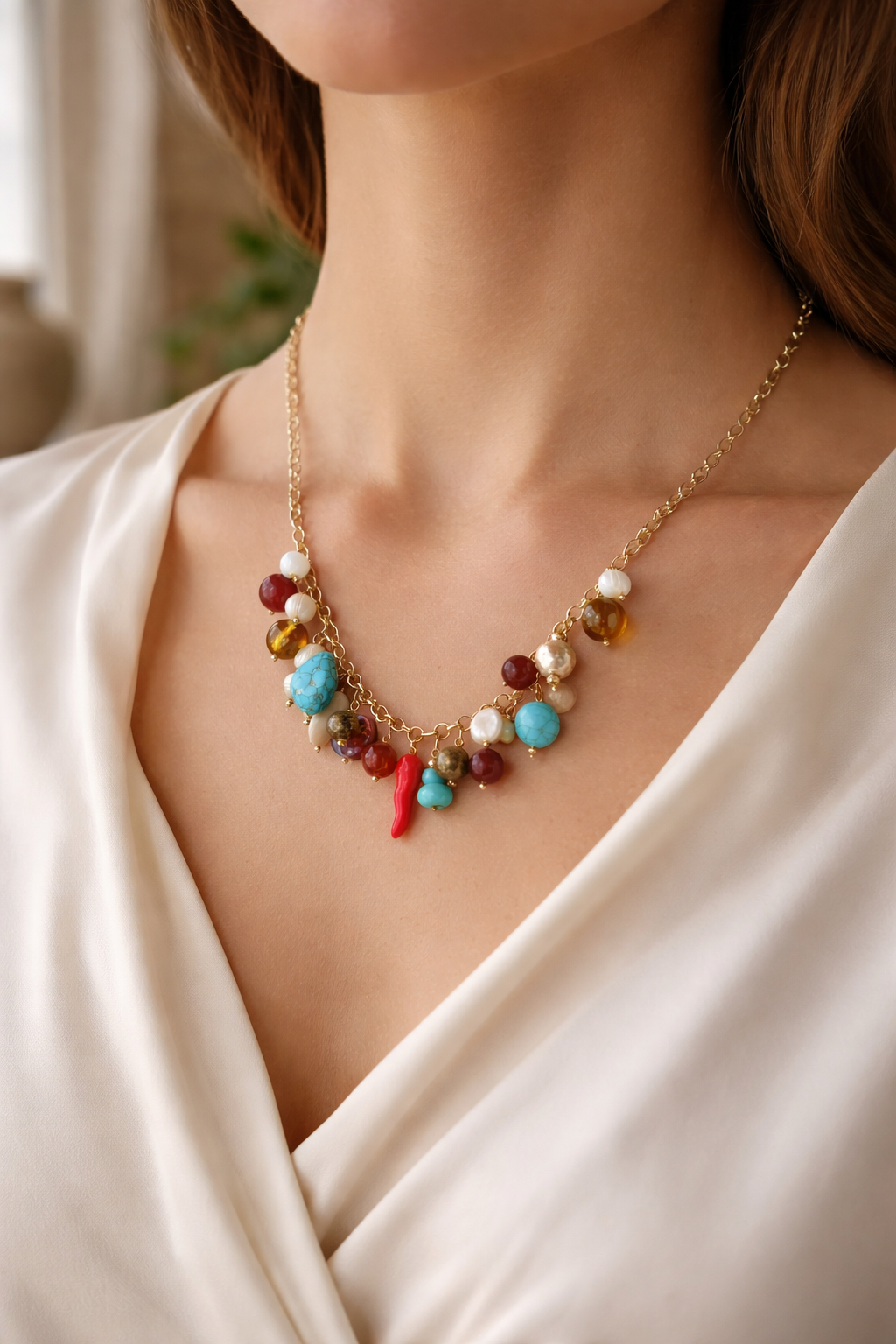 Cadena dorada con dijes de piedras naturales