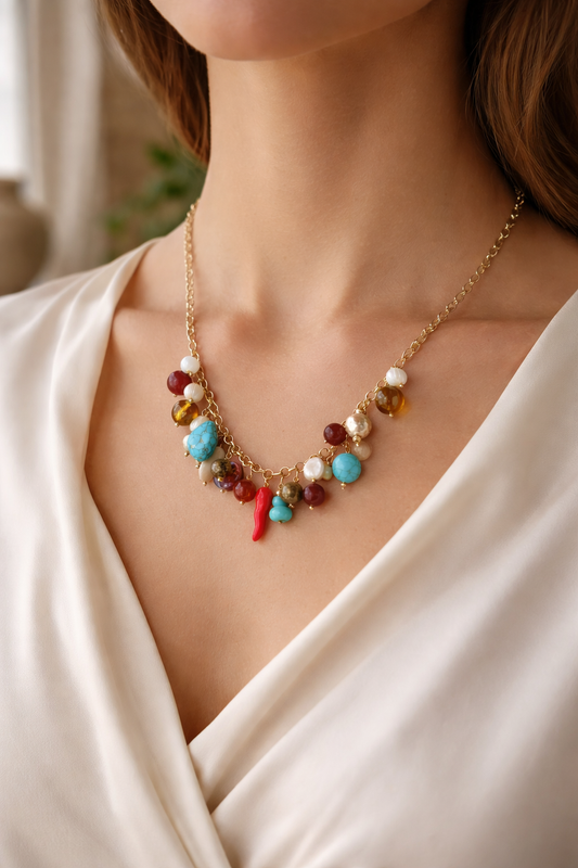 A Cadena dorada con dijes de piedras naturales