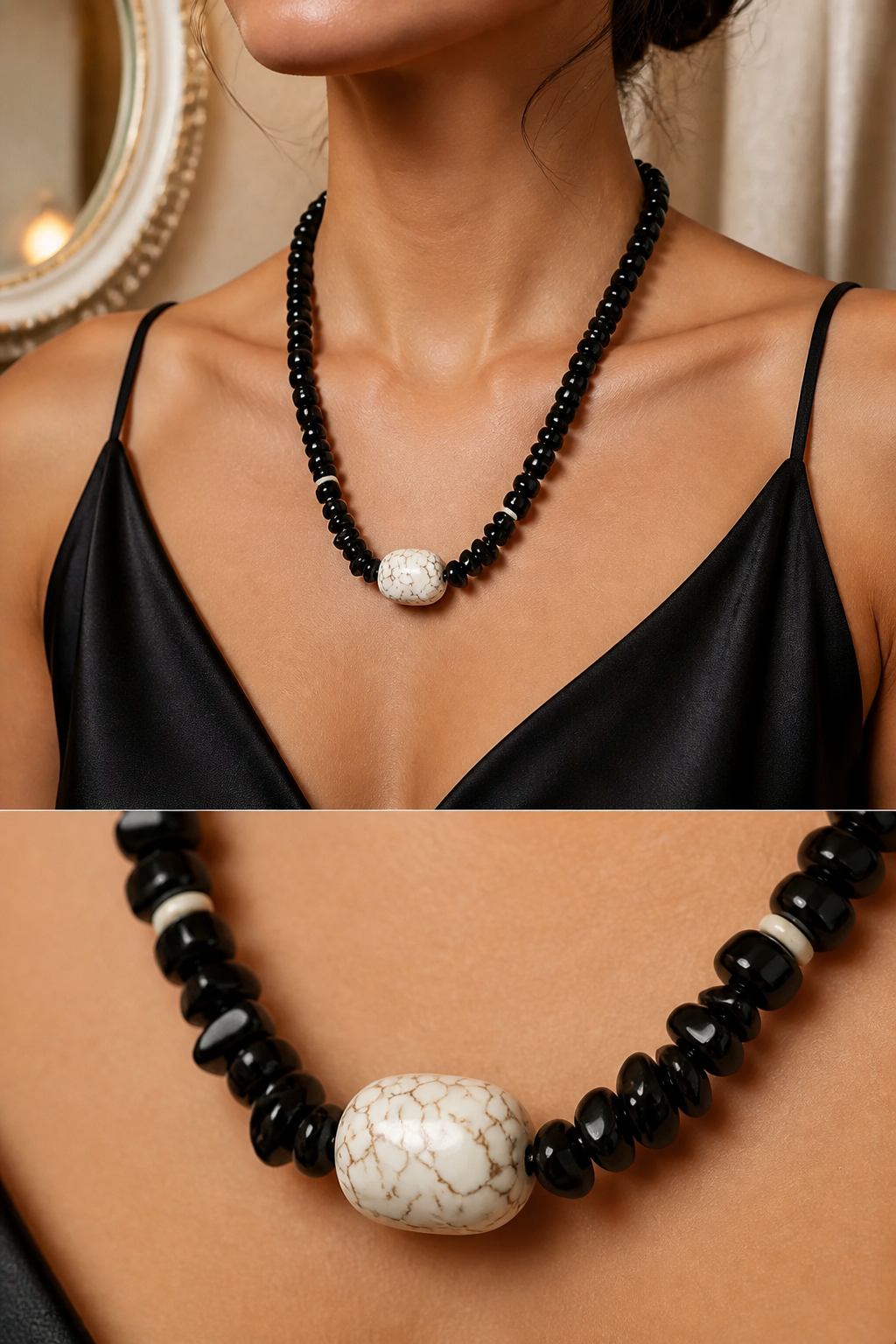 A Collar de cuentas de vidrio negro y piedra natural
