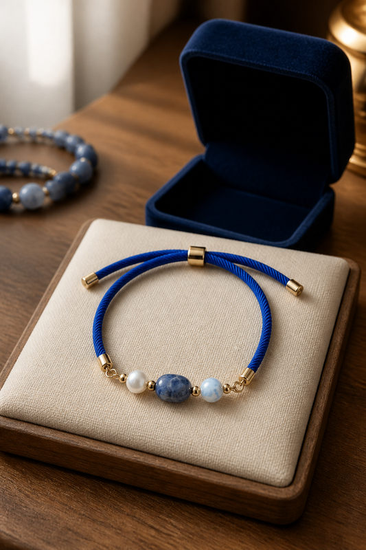 Pulsera de cordón azul con Perlas naturales y Lapislázuli