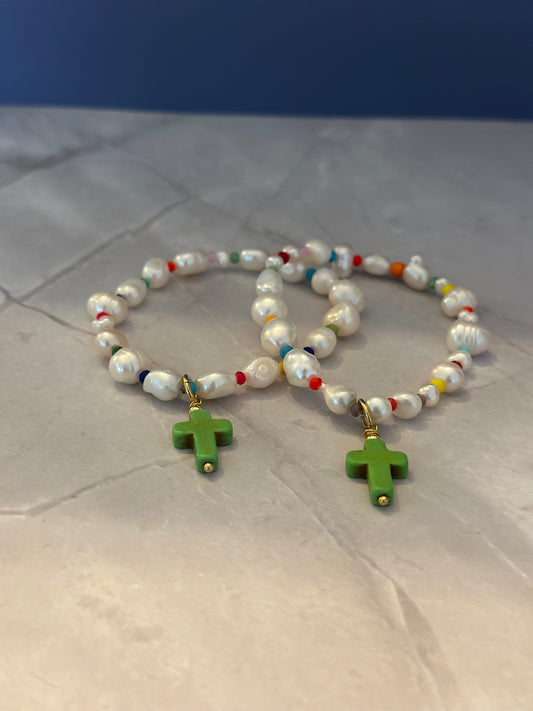 Pulseras de Perlas naturales con Cruz azul o Verde