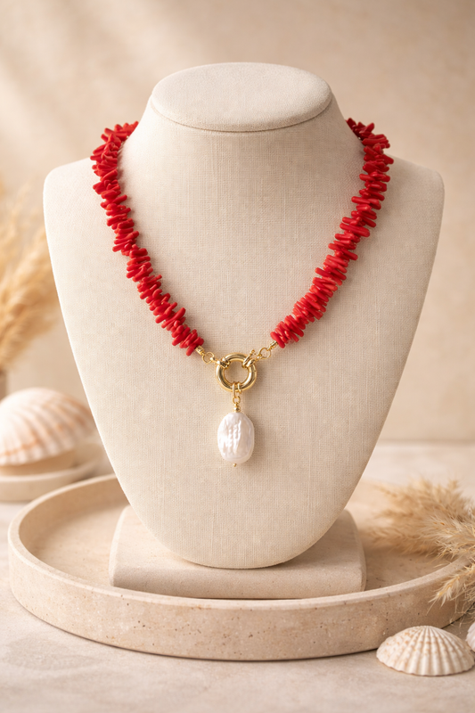 A Collar de coral rojo y perla natural