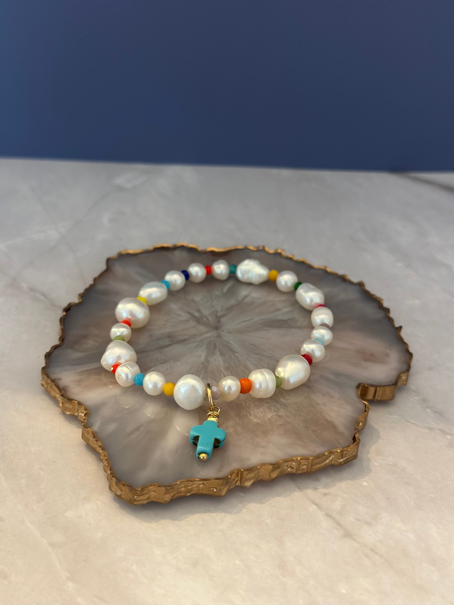 Pulseras de Perlas naturales con Cruz azul o Verde