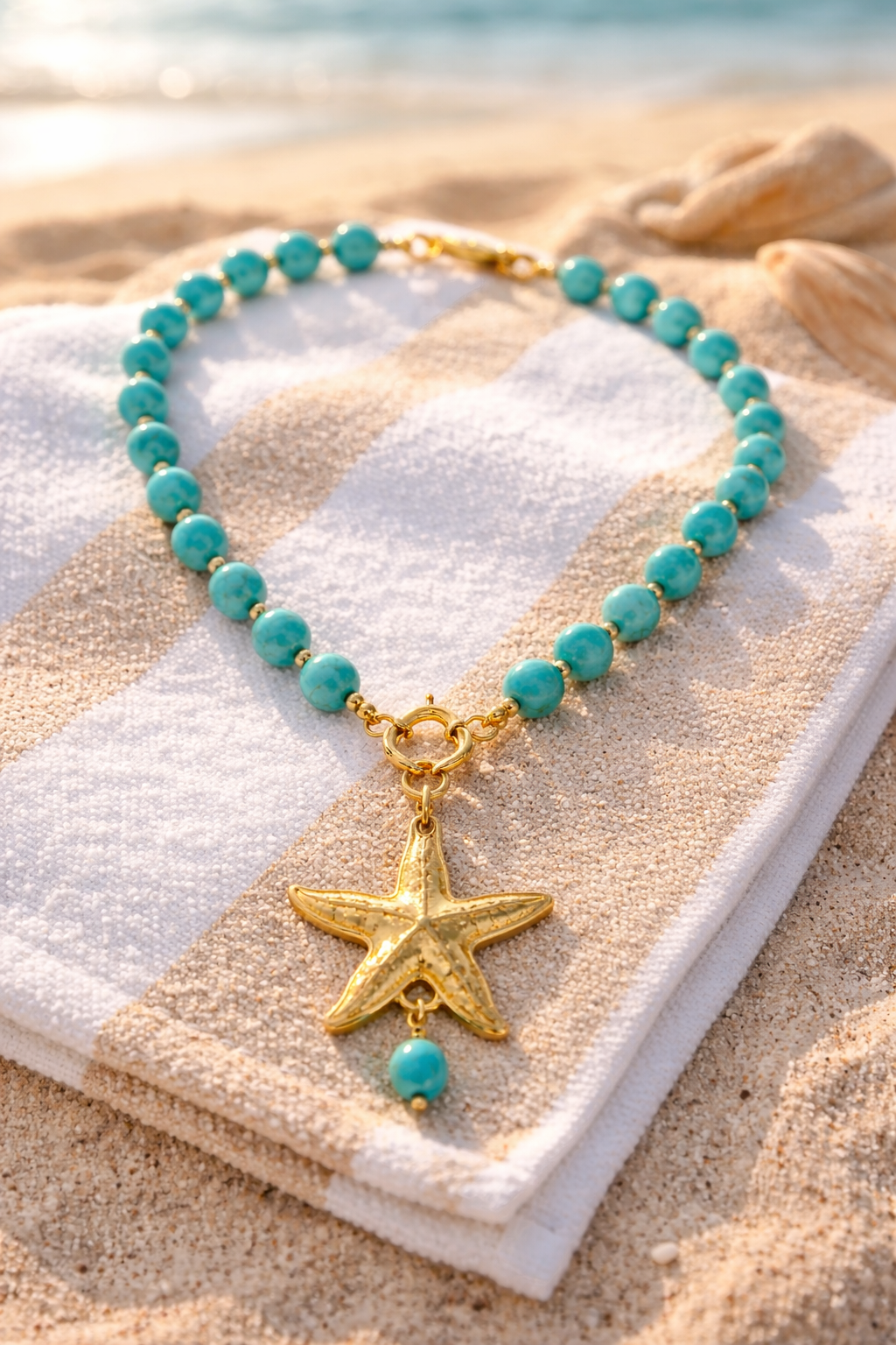 A Collar de piedras Turquesa y dije de Estrella con baño de oro 18k