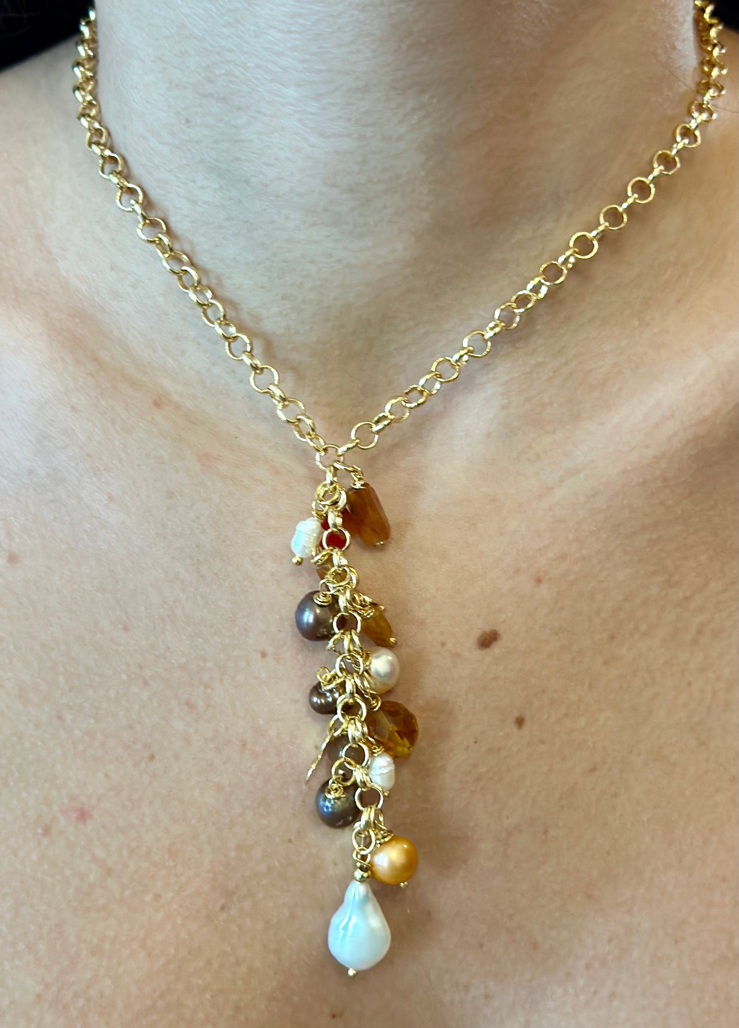 X- Collar de cadena dorada con Perlas y Citrino