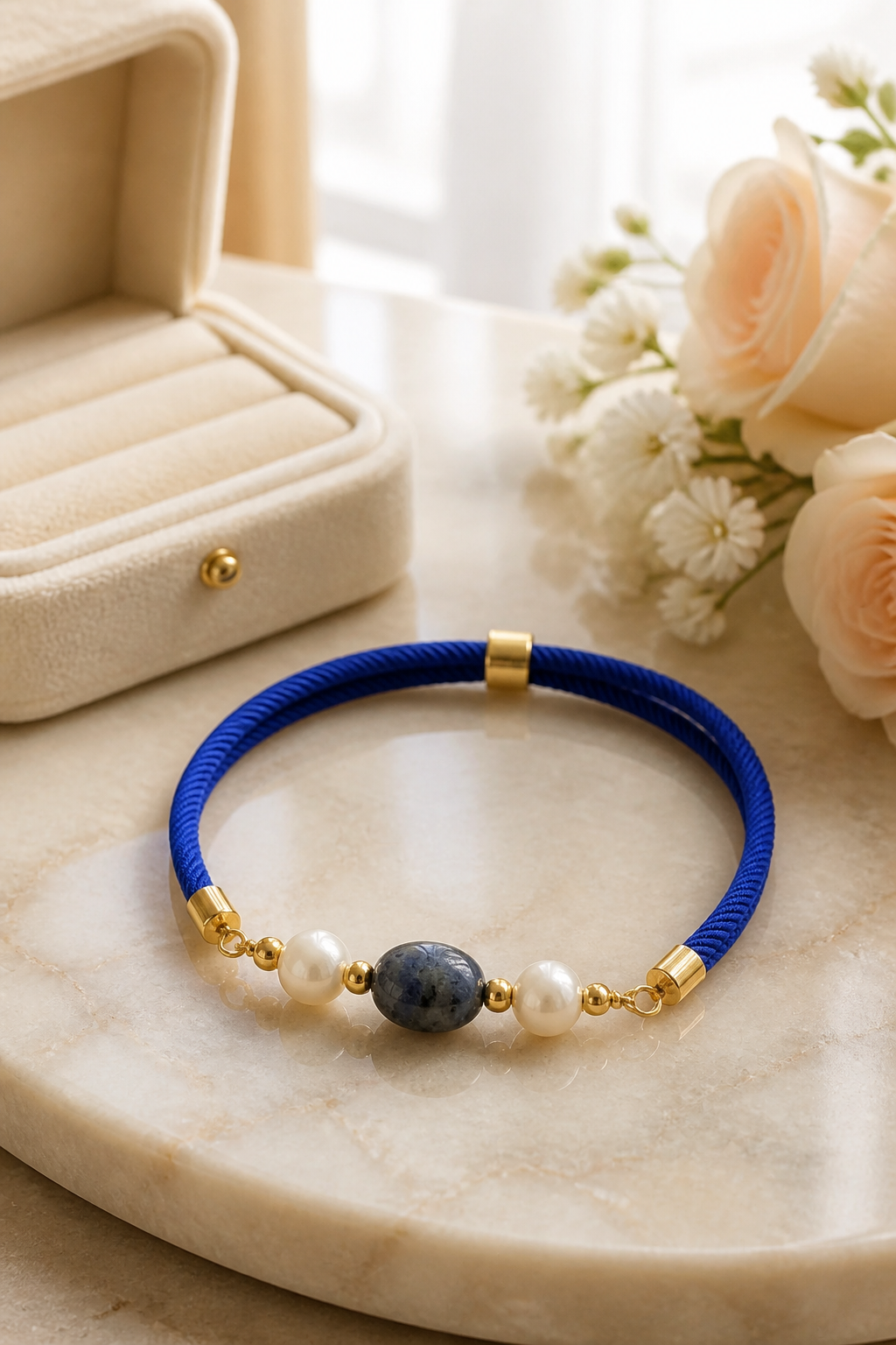 Pulsera de cordón azul con Perlas naturales y Lapislázuli