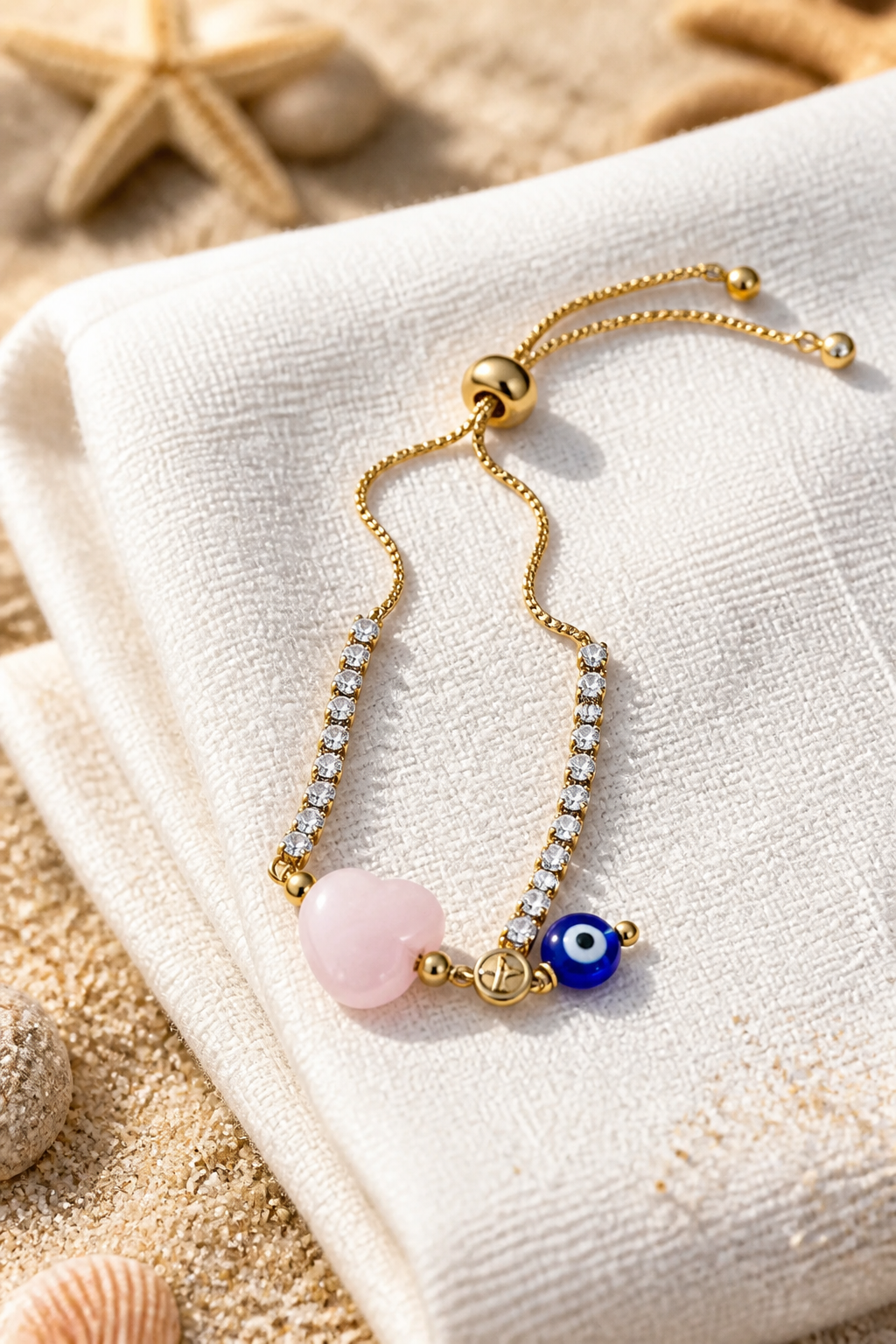 Pulsera de cadena con dije de ojo turco y corazón rosado