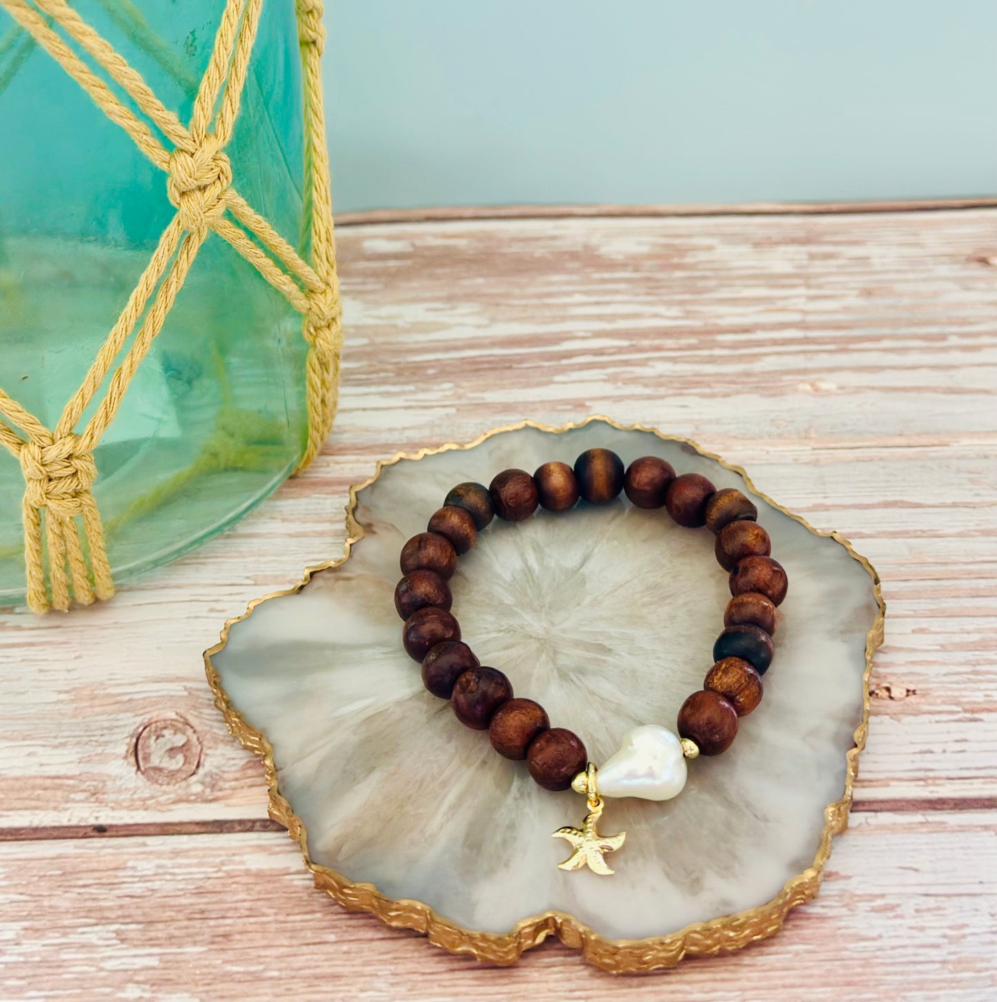 Pulseras de Madera con Perla natural/Dije de Estrella ⭐️