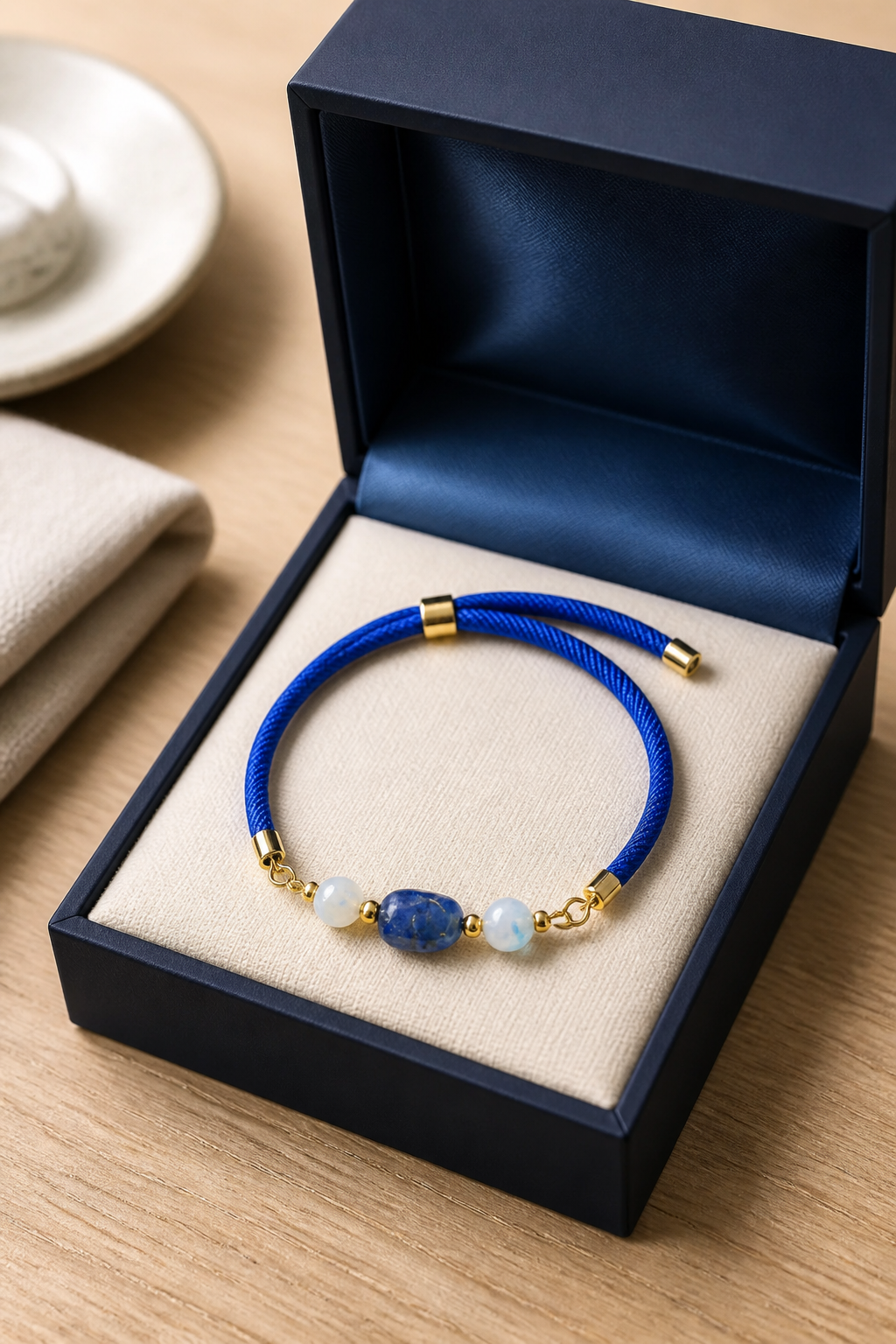 Pulsera de cordón azul con Perlas naturales y Lapislázuli