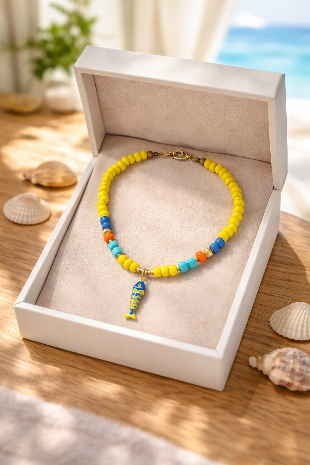 A Collar de Cuentas de Vidrio amarillo con dije de Pez